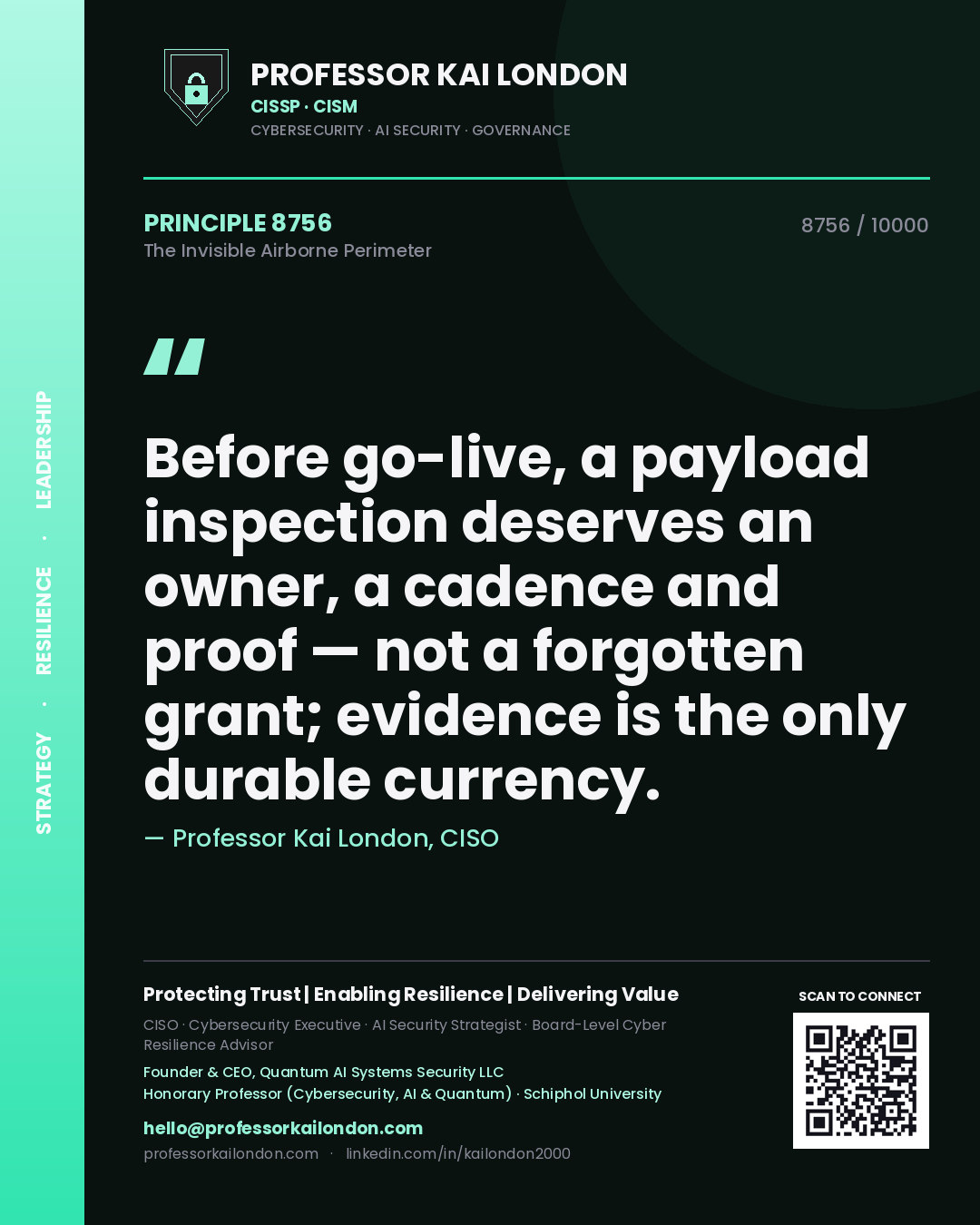Quote card by Professor Kai London reading 'Before go-live, a payload inspection deserves an owner, a cadence and proof — not a forgotten grant; evidence is the only durable currency.'. From the book The Invisible Airborne Perimeter.