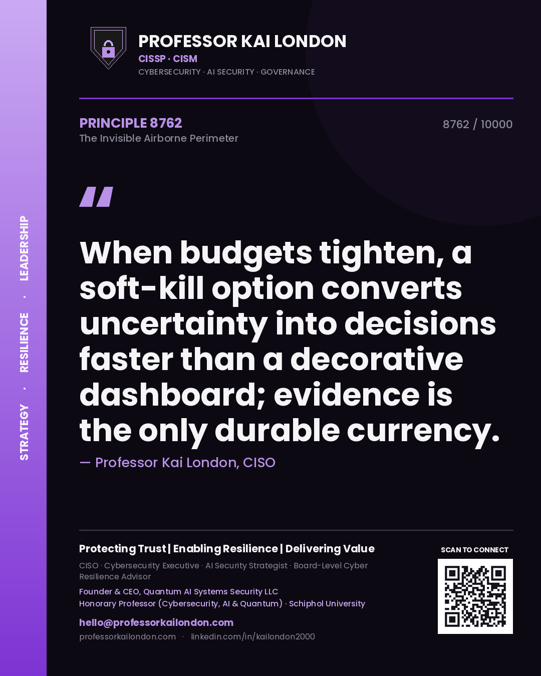 Quote card by Professor Kai London reading 'When budgets tighten, a soft-kill option converts uncertainty into decisions faster than a decorative dashboard; evidence is the only durable currency.'. From the book The Invisible Airborne Perimeter.