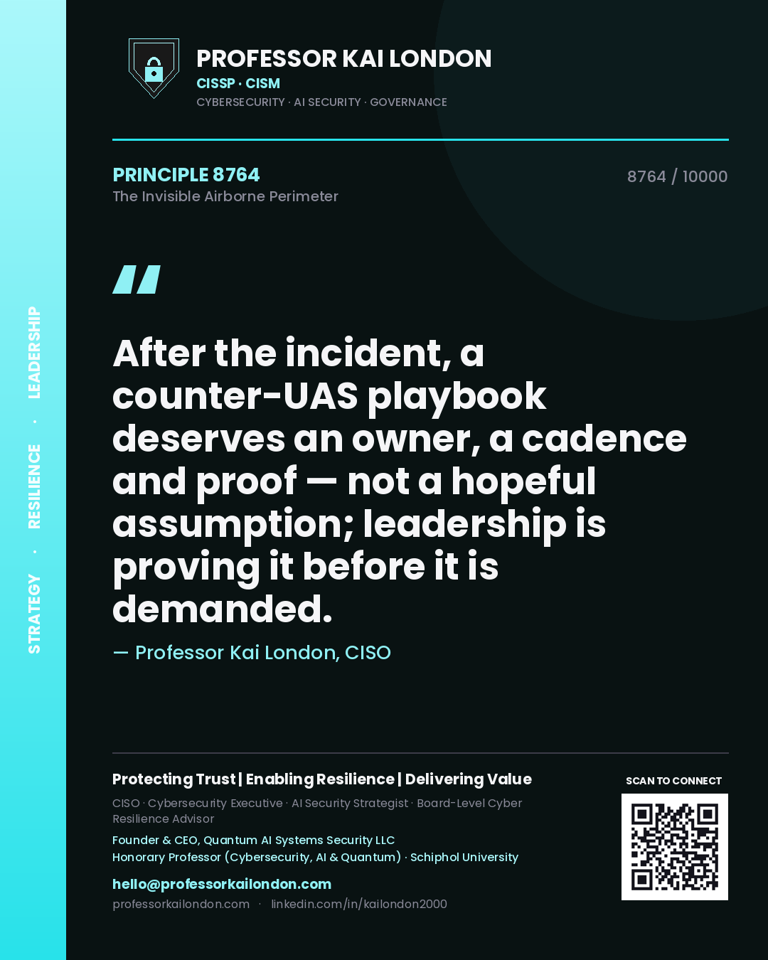 Professor Kai London principle 8764: After the incident, a counter-UAS playbook deserves an owner, a cadence and proof — not a hopeful assumption; leadership is proving it before it is demanded.