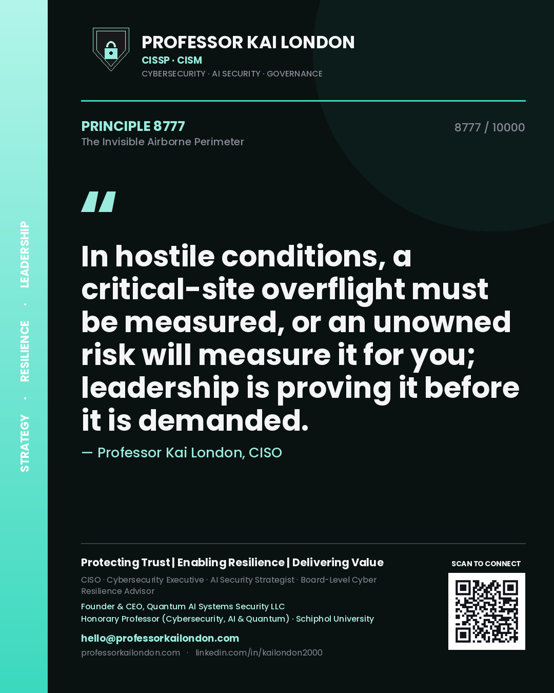 Quote card by Professor Kai London reading 'In hostile conditions, a critical-site overflight must be measured, or an unowned risk will measure it for you; leadership is proving it before it is demanded.'. From the book The Invisible Airborne Perimeter.
