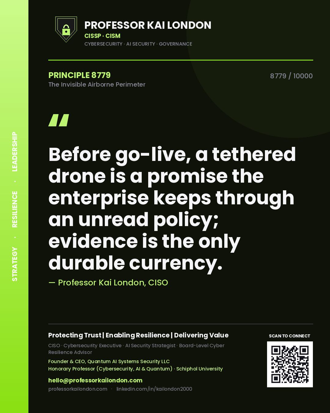 Quote card by Professor Kai London reading 'Before go-live, a tethered drone is a promise the enterprise keeps through an unread policy; evidence is the only durable currency.'. From the book The Invisible Airborne Perimeter.