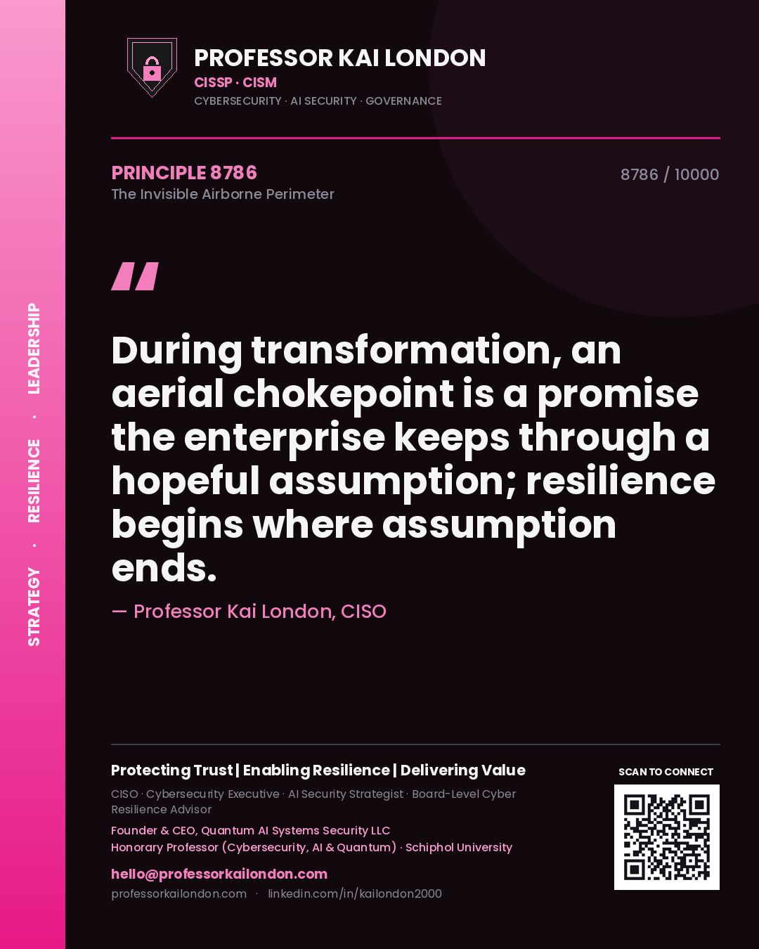 Quote card by Professor Kai London reading 'During transformation, an aerial chokepoint is a promise the enterprise keeps through a hopeful assumption; resilience begins where assumption ends.'. From the book The Invisible Airborne Perimeter.