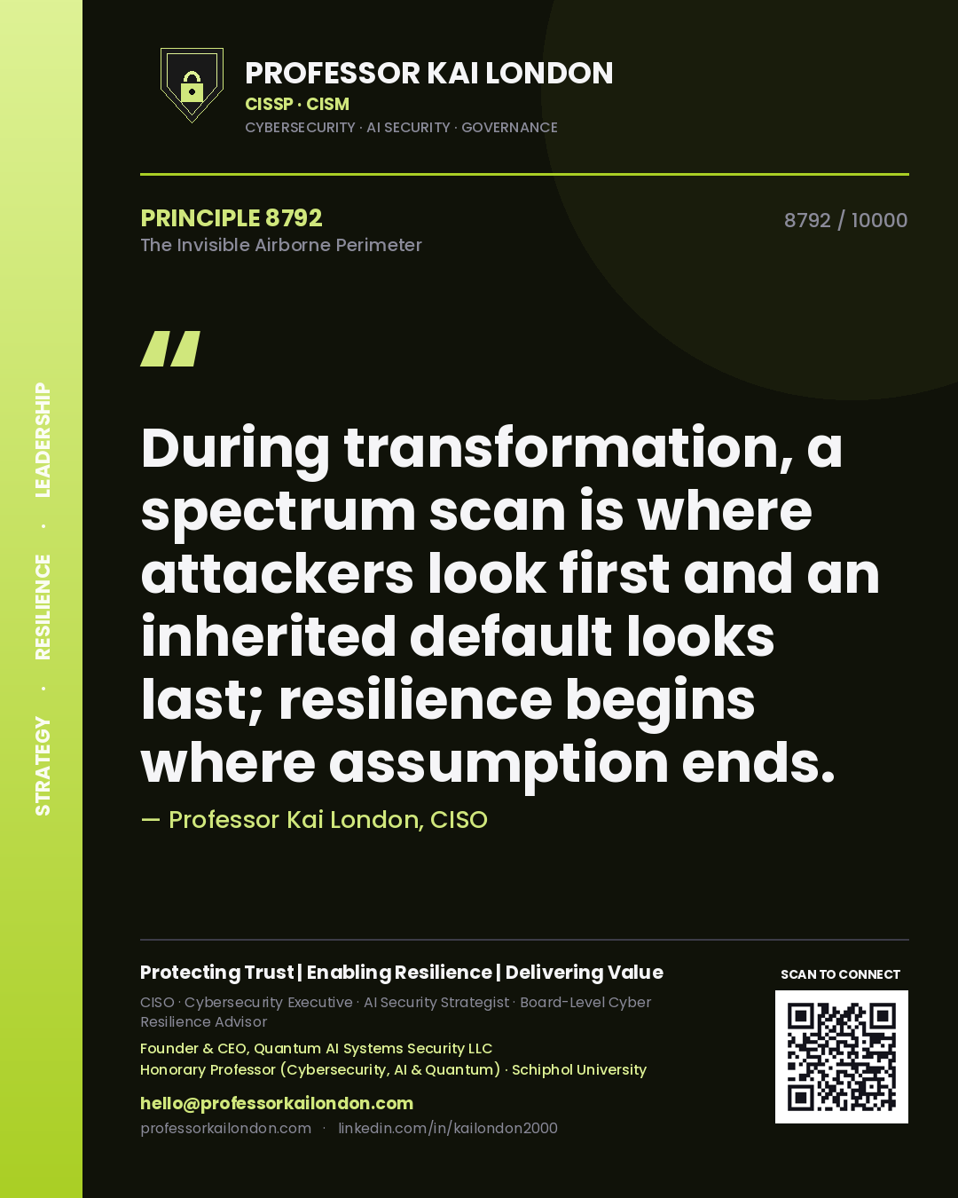 Professor Kai London principle 8792: During transformation, a spectrum scan is where attackers look first and an inherited default looks last; resilience begins where assumption ends.