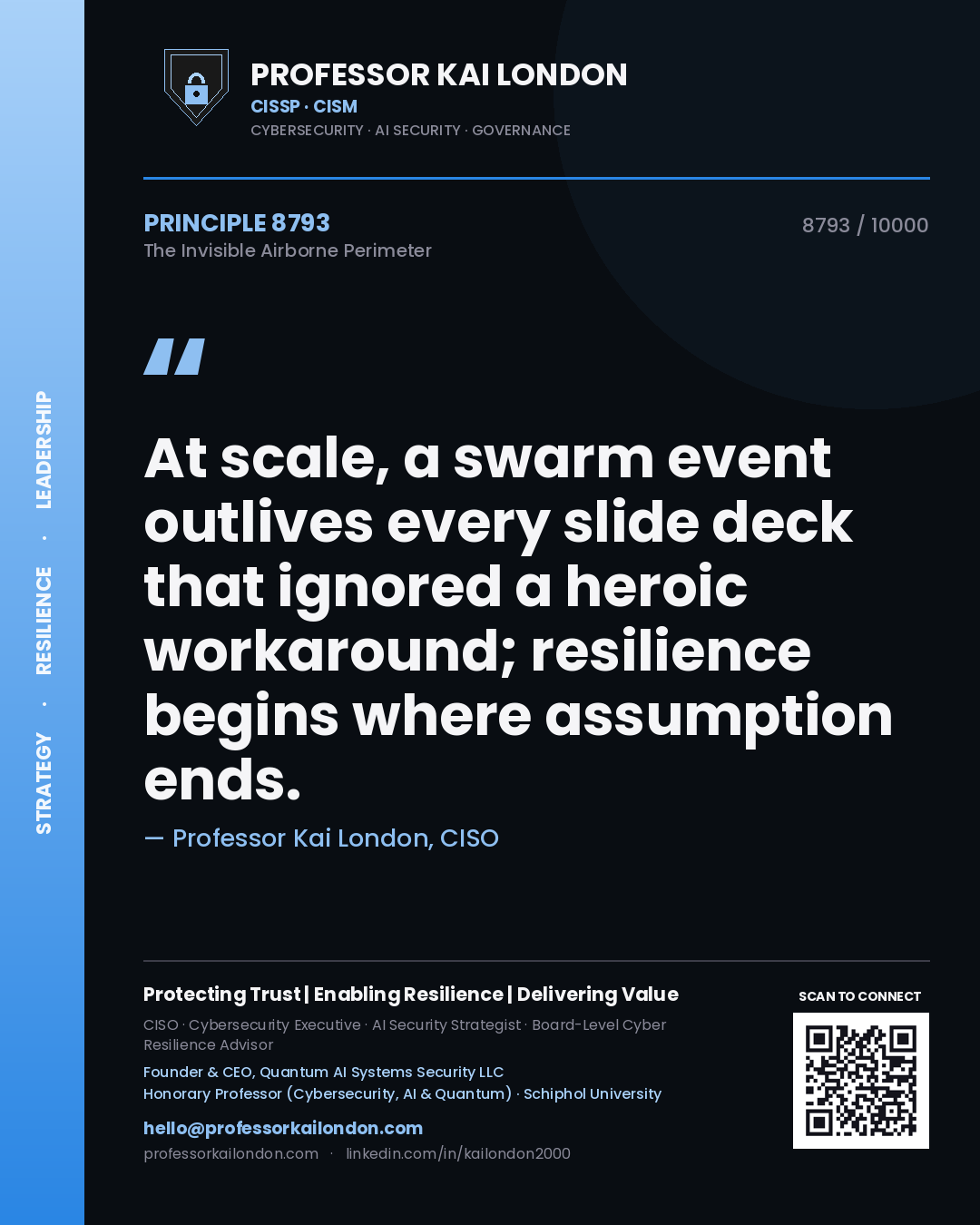 Professor Kai London principle 8793: At scale, a swarm event outlives every slide deck that ignored a heroic workaround; resilience begins where assumption ends.