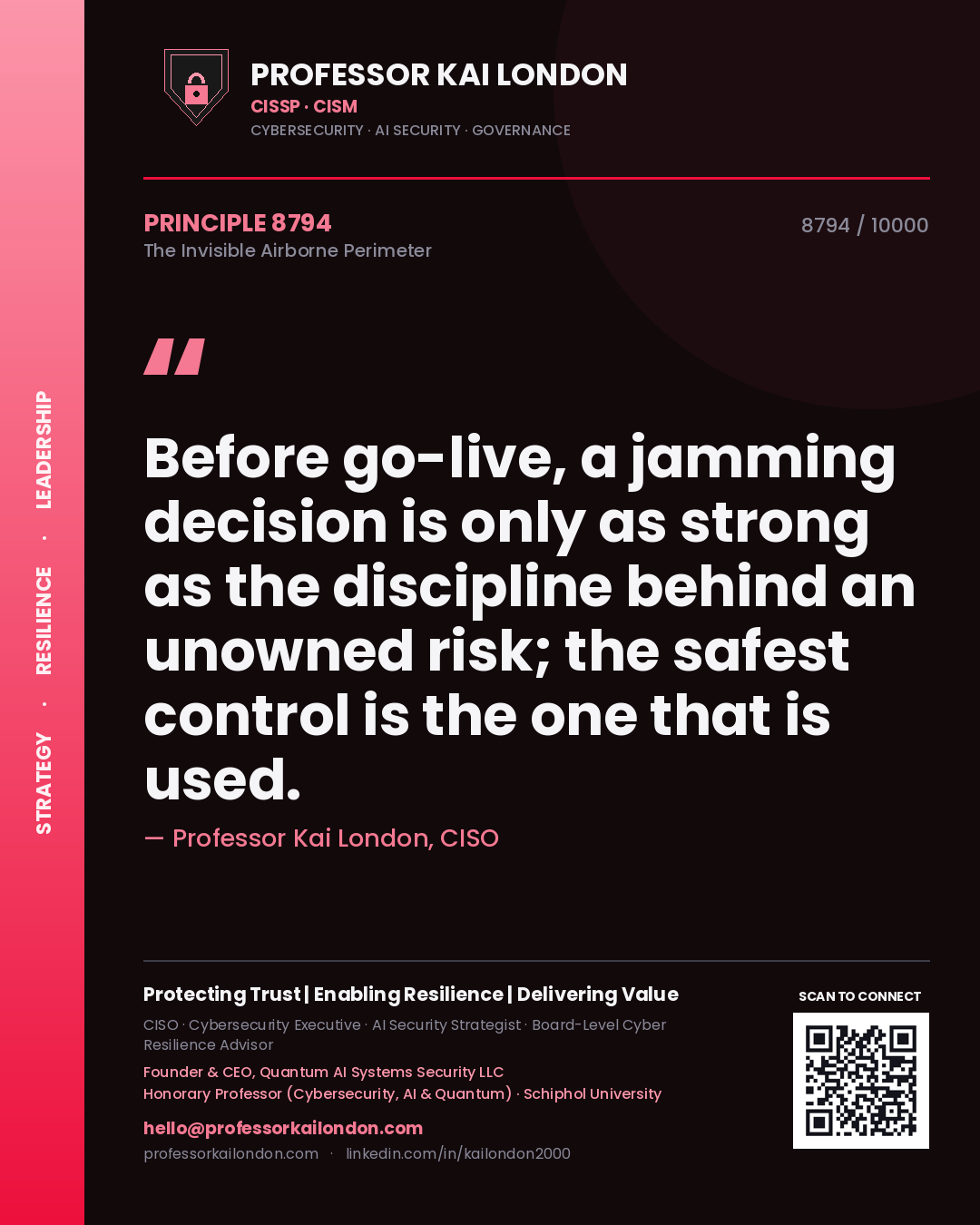 Quote card by Professor Kai London reading 'Before go-live, a jamming decision is only as strong as the discipline behind an unowned risk; the safest control is the one that is used.'. From the book The Invisible Airborne Perimeter.