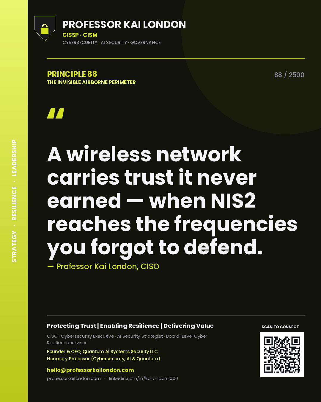 Quote card by Professor Kai London reading 'A wireless network carries trust it never earned — when NIS2 reaches the frequencies you forgot to defend.'. From the book The Invisible Airborne Perimeter.
