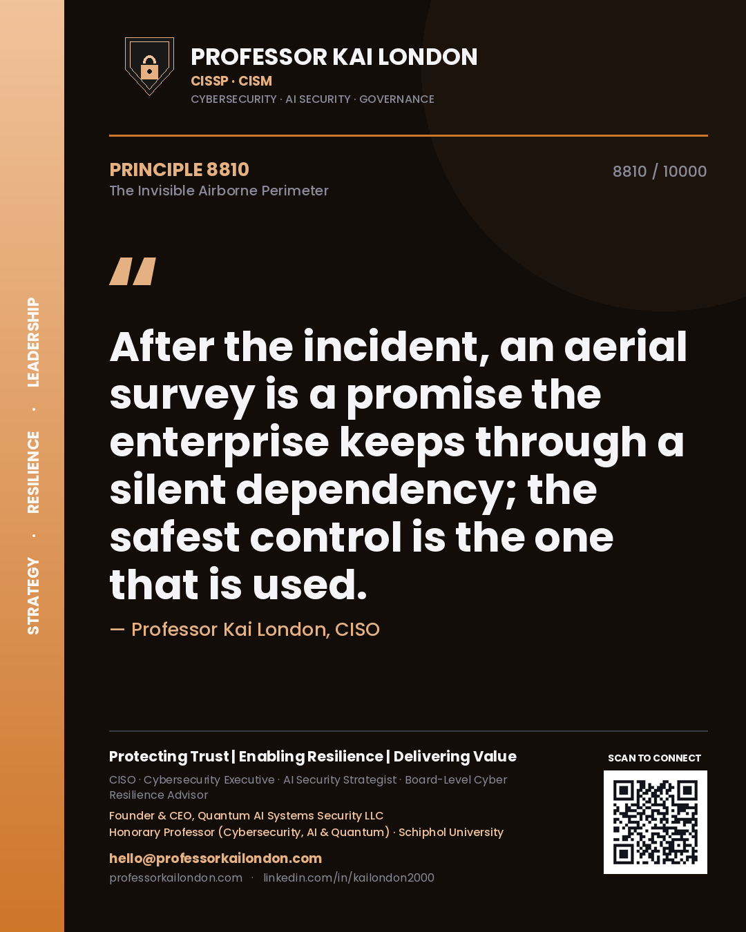 Quote card by Professor Kai London reading 'After the incident, an aerial survey is a promise the enterprise keeps through a silent dependency; the safest control is the one that is used.'. From the book The Invisible Airborne Perimeter.