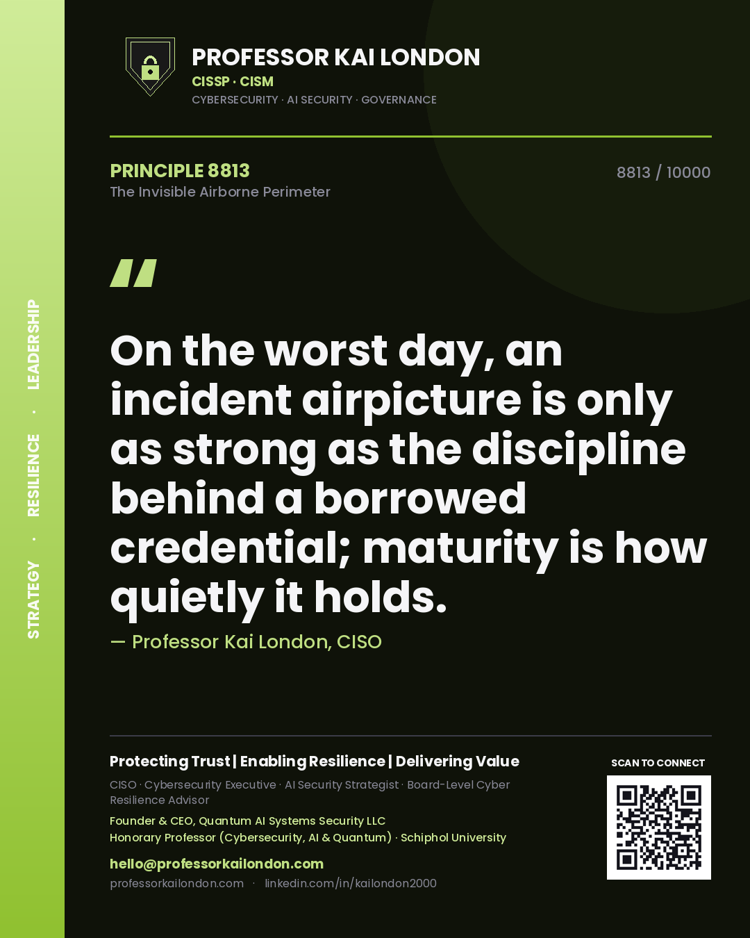 Quote card by Professor Kai London reading 'On the worst day, an incident airpicture is only as strong as the discipline behind a borrowed credential; maturity is how quietly it holds.'. From the book The Invisible Airborne Perimeter.