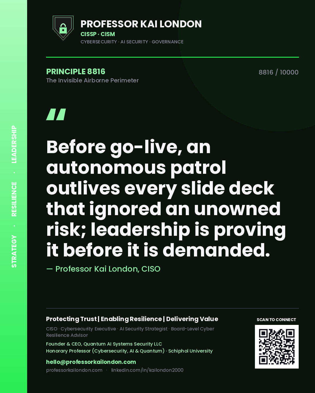 Quote card by Professor Kai London reading 'Before go-live, an autonomous patrol outlives every slide deck that ignored an unowned risk; leadership is proving it before it is demanded.'. From the book The Invisible Airborne Perimeter.