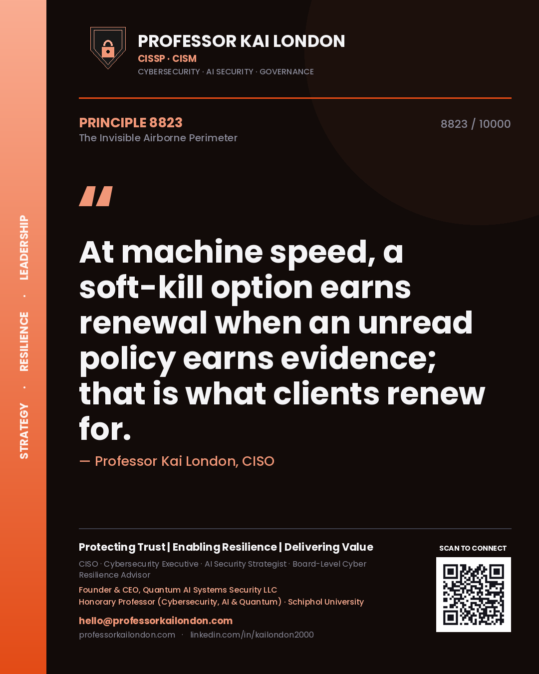 Quote card by Professor Kai London reading 'At machine speed, a soft-kill option earns renewal when an unread policy earns evidence; that is what clients renew for.'. From the book The Invisible Airborne Perimeter.