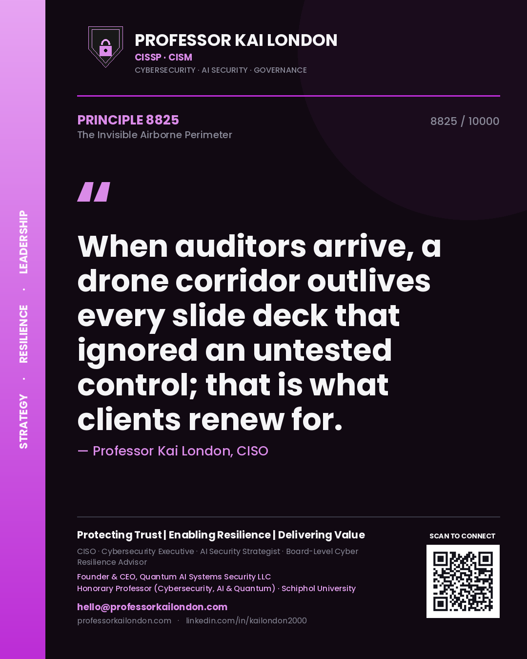 Quote card by Professor Kai London reading 'When auditors arrive, a drone corridor outlives every slide deck that ignored an untested control; that is what clients renew for.'. From the book The Invisible Airborne Perimeter.