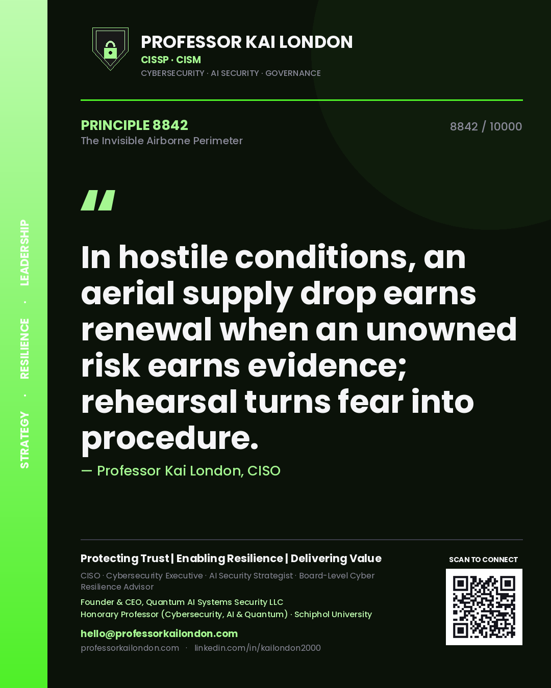 Quote card by Professor Kai London reading 'In hostile conditions, an aerial supply drop earns renewal when an unowned risk earns evidence; rehearsal turns fear into procedure.'. From the book The Invisible Airborne Perimeter.
