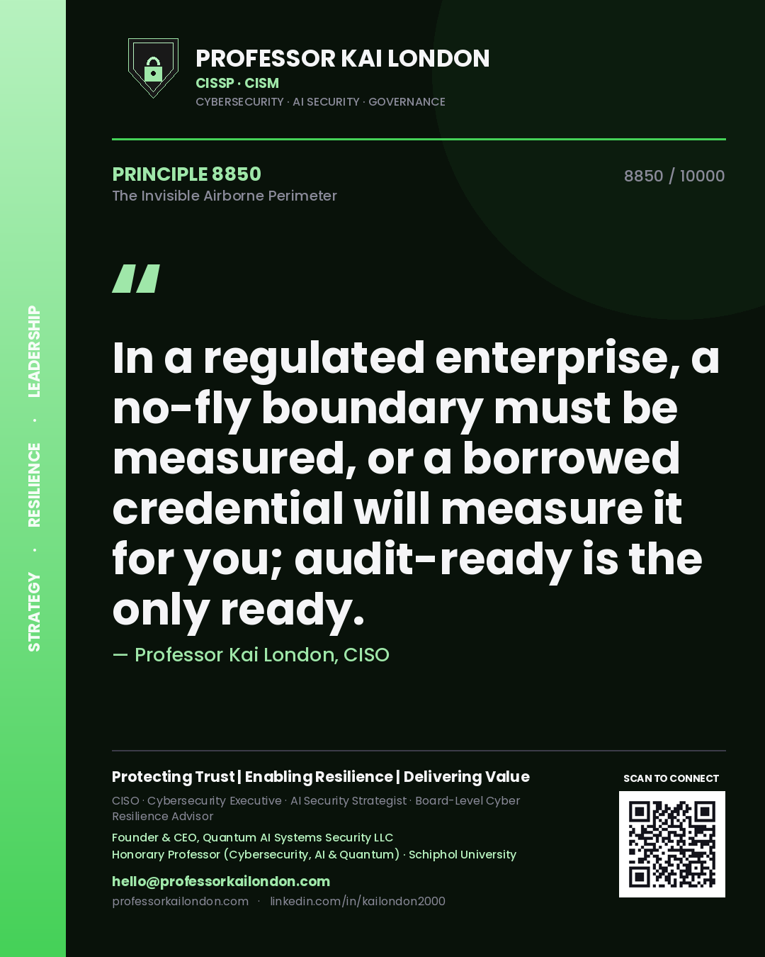 Professor Kai London principle 8850: In a regulated enterprise, a no-fly boundary must be measured, or a borrowed credential will measure it for you; audit-ready is the only ready.