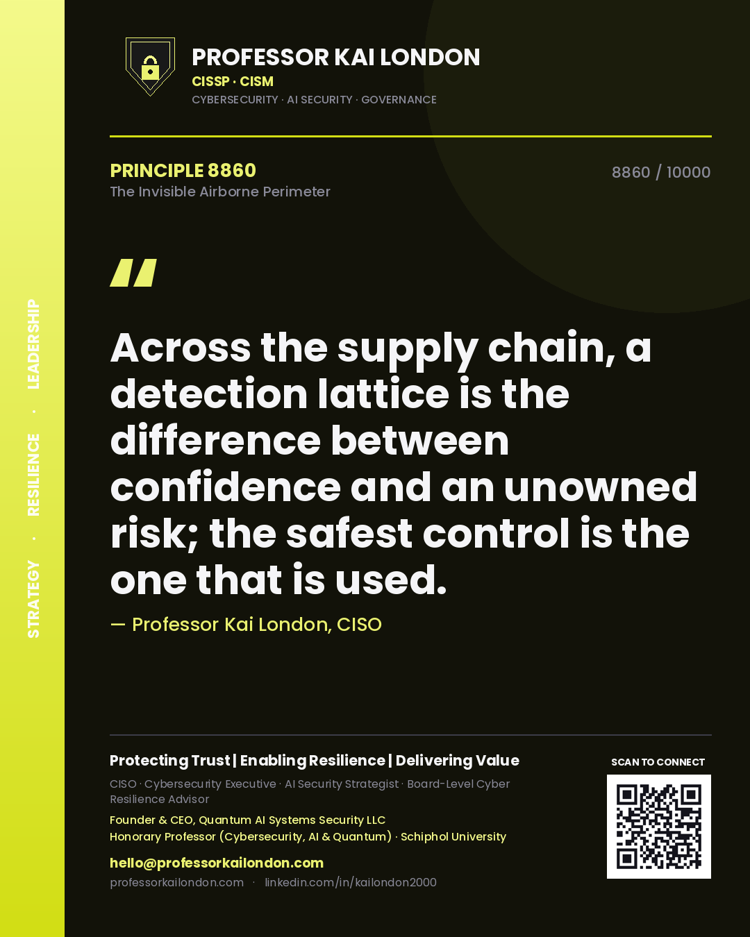 Quote card by Professor Kai London reading 'Across the supply chain, a detection lattice is the difference between confidence and an unowned risk; the safest control is the one that is used.'. From the book The Invisible Airborne Perimeter.