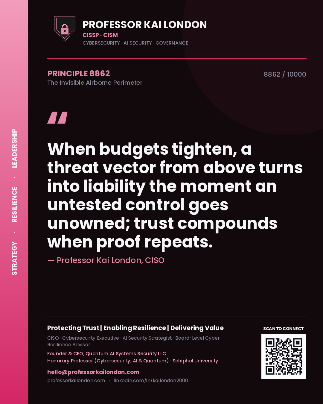 Professor Kai London principle 8862: When budgets tighten, a threat vector from above turns into liability the moment an untested control goes unowned; trust compounds when proof repeats.