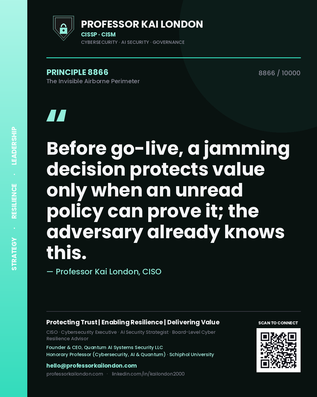 Professor Kai London principle 8866: Before go-live, a jamming decision protects value only when an unread policy can prove it; the adversary already knows this.