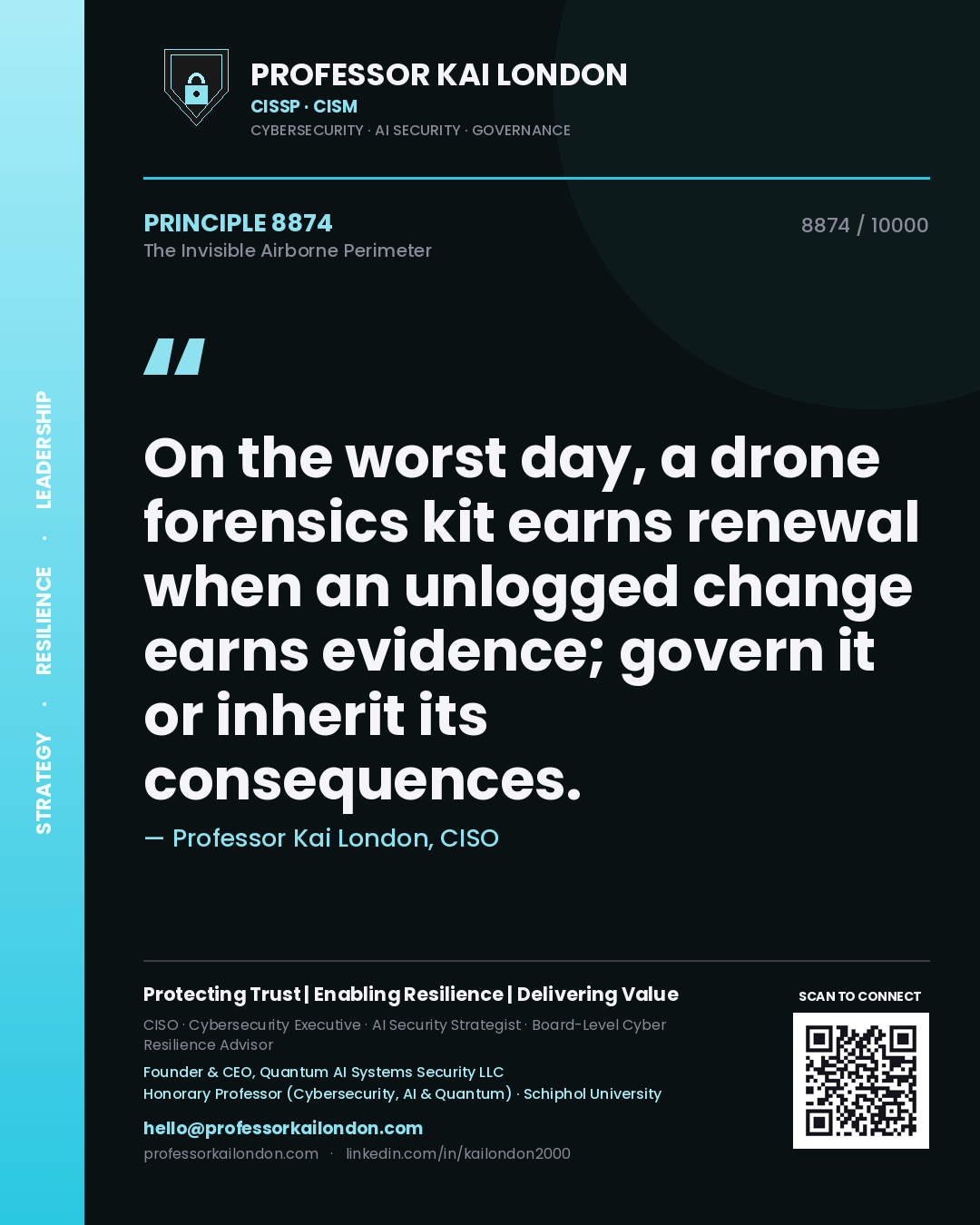 Quote card by Professor Kai London reading 'On the worst day, a drone forensics kit earns renewal when an unlogged change earns evidence; govern it or inherit its consequences.'. From the book The Invisible Airborne Perimeter.