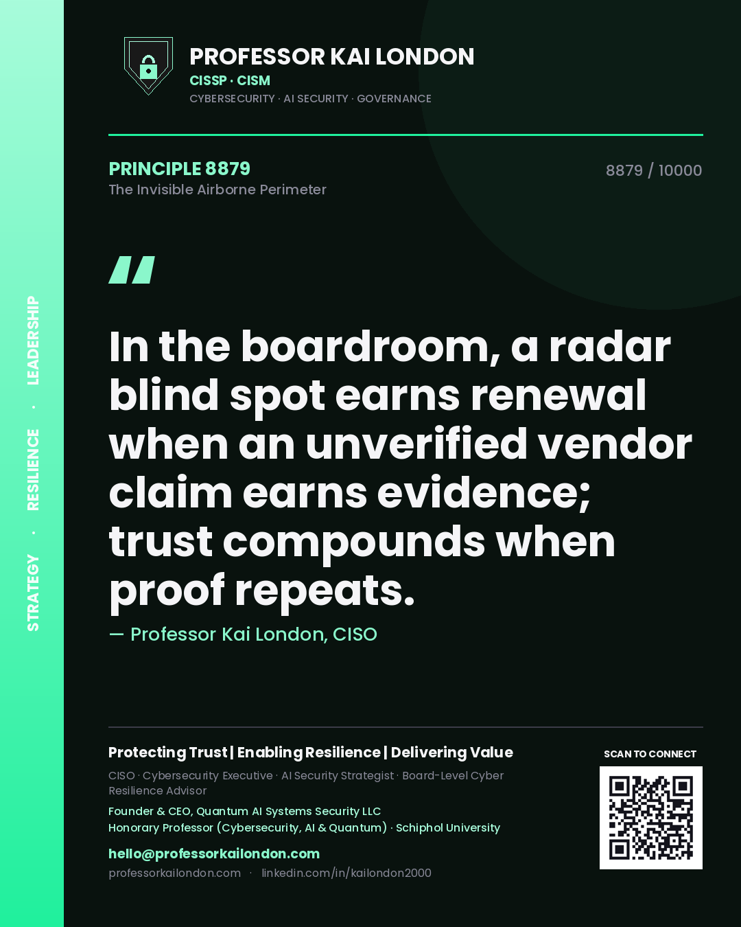 Professor Kai London principle 8879: In the boardroom, a radar blind spot earns renewal when an unverified vendor claim earns evidence; trust compounds when proof repeats.