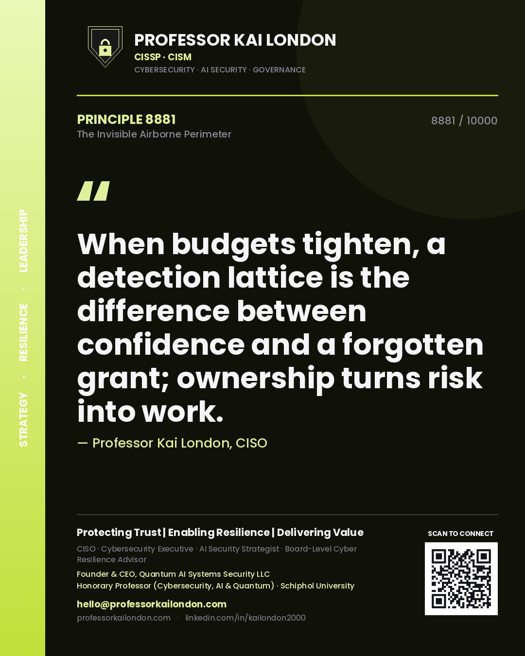 Professor Kai London principle 8881: When budgets tighten, a detection lattice is the difference between confidence and a forgotten grant; ownership turns risk into work.