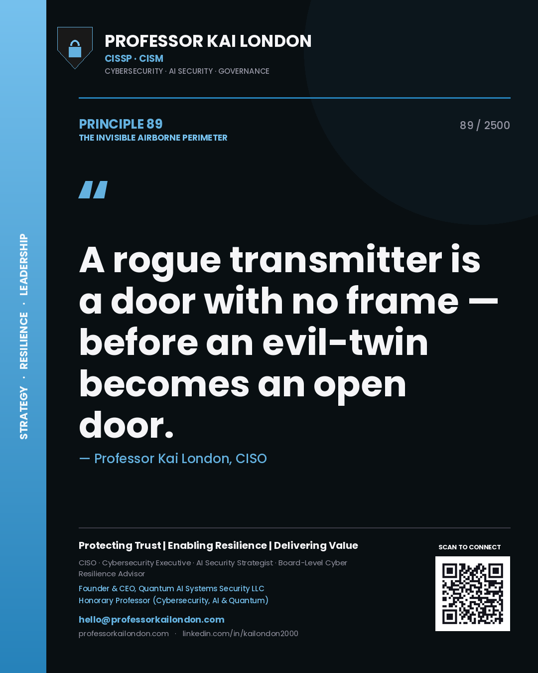Professor Kai London principle 89: A rogue transmitter is a door with no frame — before an evil-twin becomes an open door.