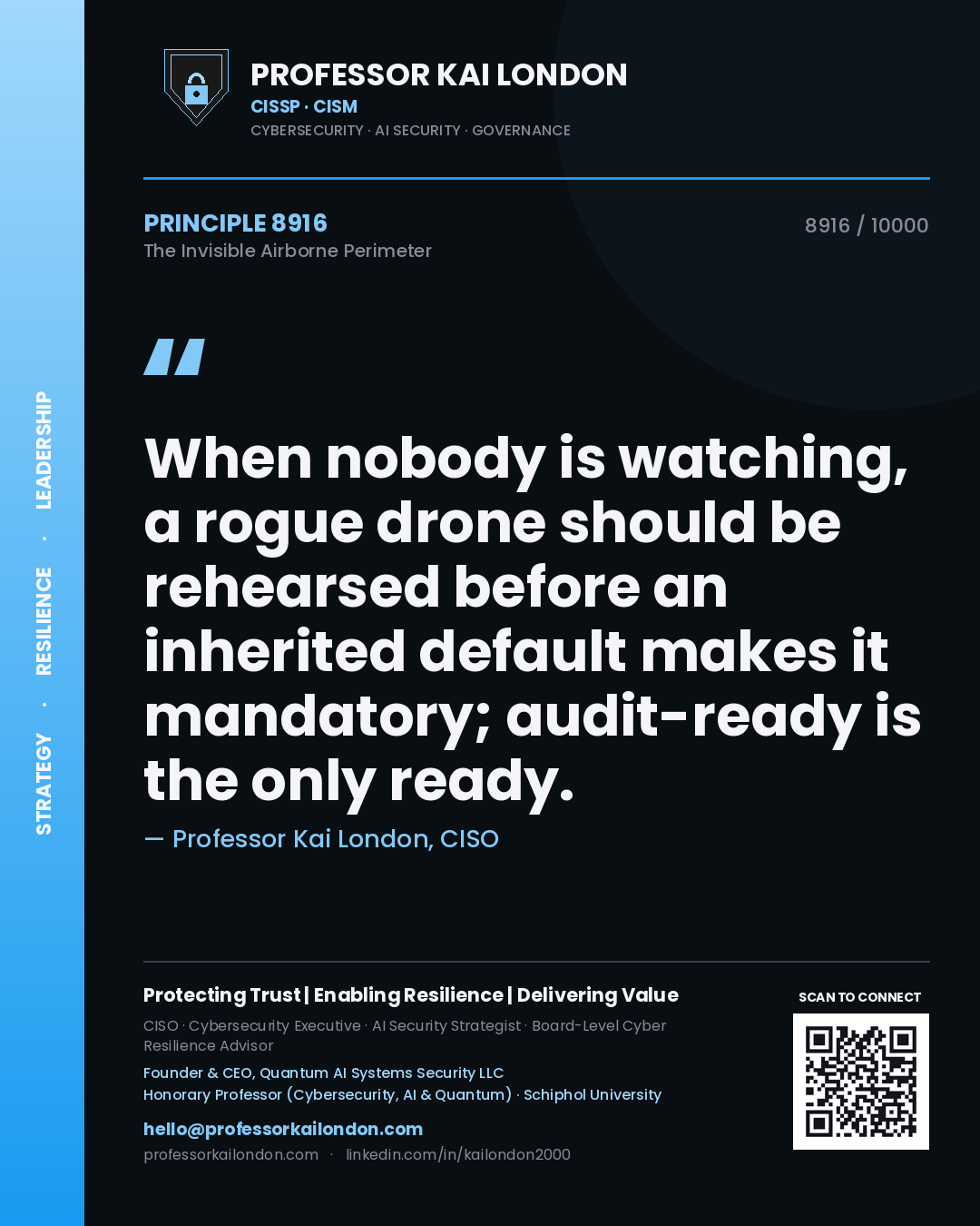 Professor Kai London principle 8916: When nobody is watching, a rogue drone should be rehearsed before an inherited default makes it mandatory; audit-ready is the only ready.