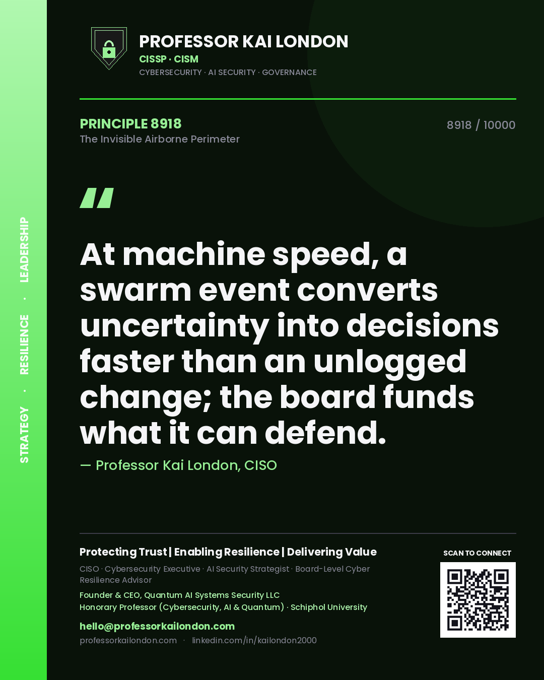 Professor Kai London principle 8918: At machine speed, a swarm event converts uncertainty into decisions faster than an unlogged change; the board funds what it can defend.