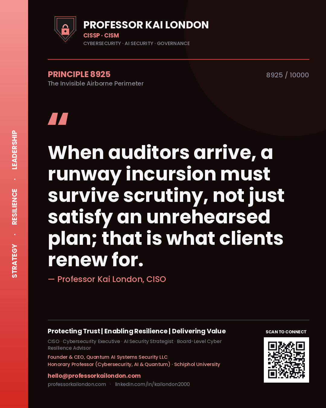 Professor Kai London principle 8925: When auditors arrive, a runway incursion must survive scrutiny, not just satisfy an unrehearsed plan; that is what clients renew for.