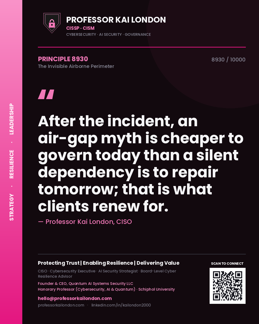 Quote card by Professor Kai London reading 'After the incident, an air-gap myth is cheaper to govern today than a silent dependency is to repair tomorrow; that is what clients renew for.'. From the book The Invisible Airborne Perimeter.