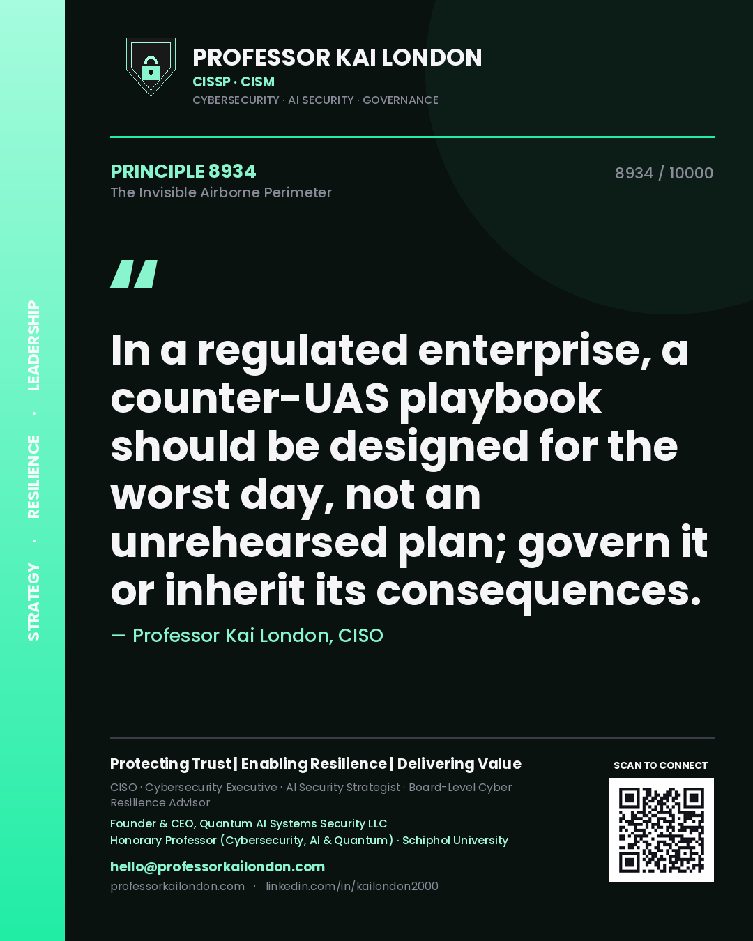 Quote card by Professor Kai London reading 'In a regulated enterprise, a counter-UAS playbook should be designed for the worst day, not an unrehearsed plan; govern it or inherit its consequences.'. From the book The Invisible Airborne Perimeter.