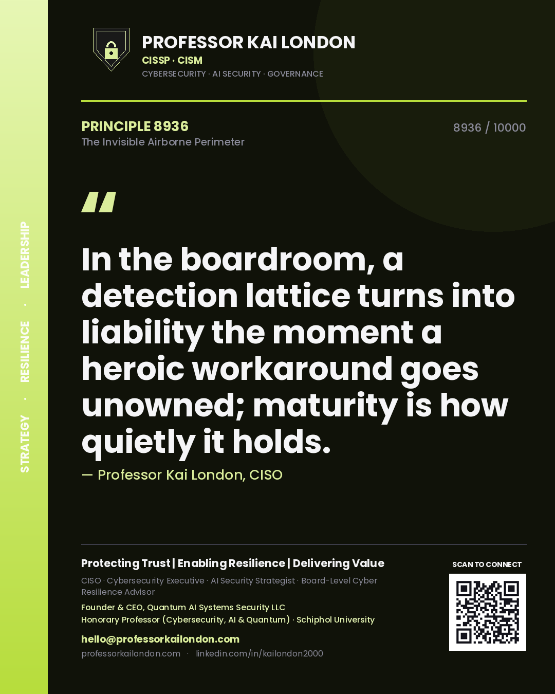 Professor Kai London principle 8936: In the boardroom, a detection lattice turns into liability the moment a heroic workaround goes unowned; maturity is how quietly it holds.