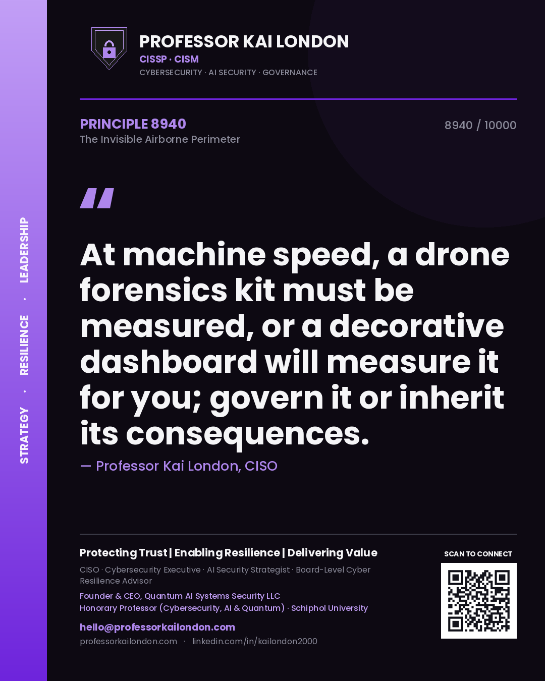 Quote card by Professor Kai London reading 'At machine speed, a drone forensics kit must be measured, or a decorative dashboard will measure it for you; govern it or inherit its consequences.'. From the book The Invisible Airborne Perimeter.