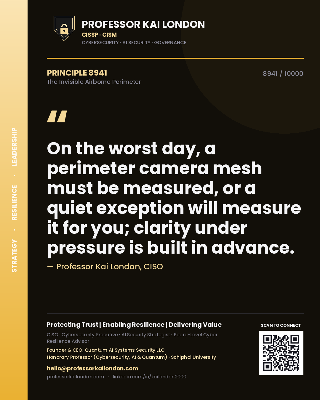 Quote card by Professor Kai London reading 'On the worst day, a perimeter camera mesh must be measured, or a quiet exception will measure it for you; clarity under pressure is built in advance.'. From the book The Invisible Airborne Perimeter.