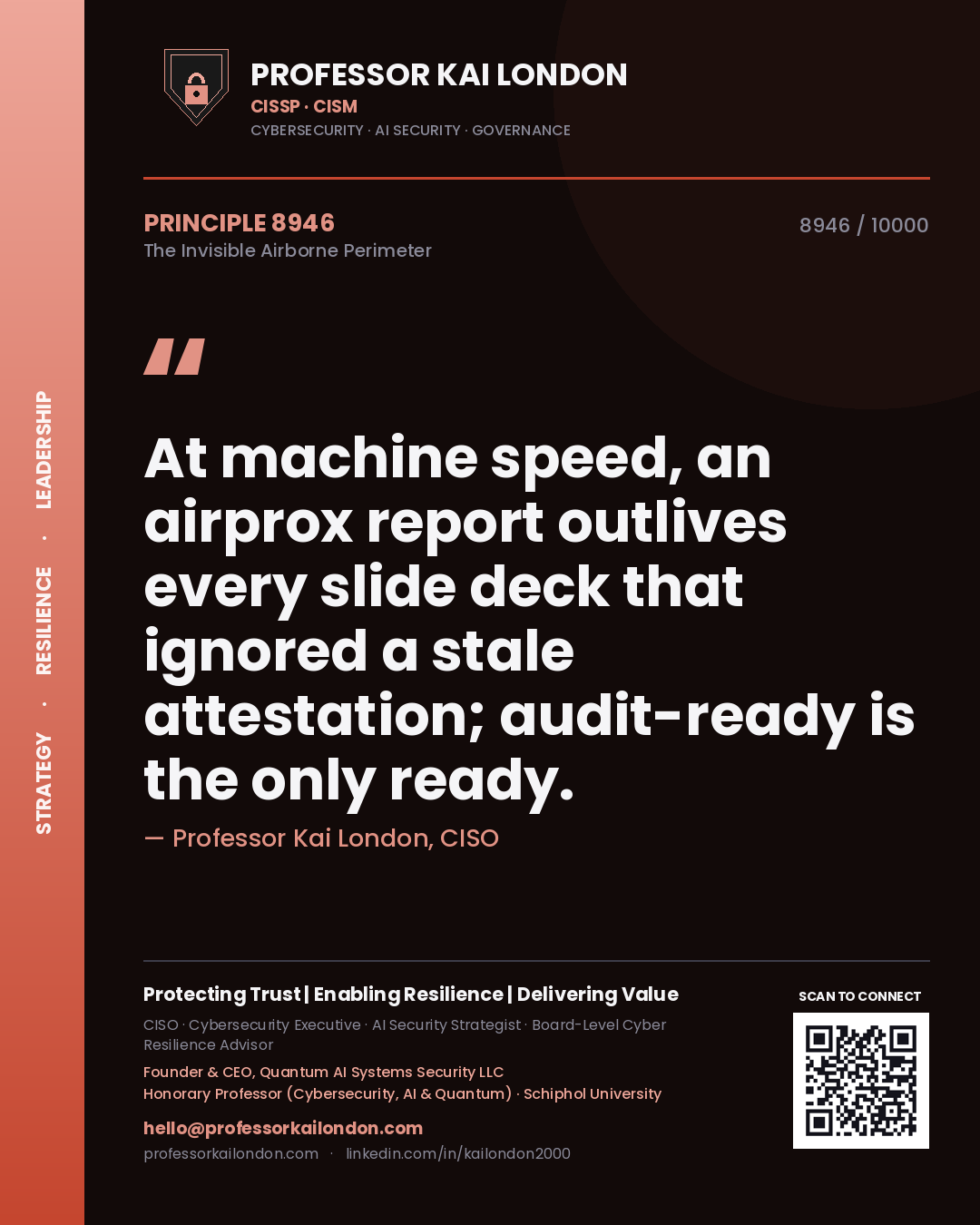 Quote card by Professor Kai London reading 'At machine speed, an airprox report outlives every slide deck that ignored a stale attestation; audit-ready is the only ready.'. From the book The Invisible Airborne Perimeter.