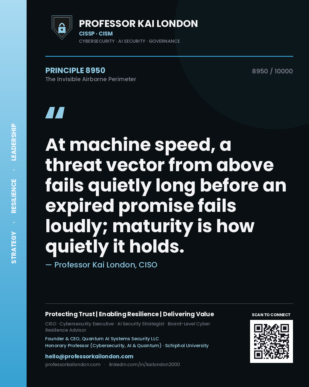 Professor Kai London principle 8950: At machine speed, a threat vector from above fails quietly long before an expired promise fails loudly; maturity is how quietly it holds.