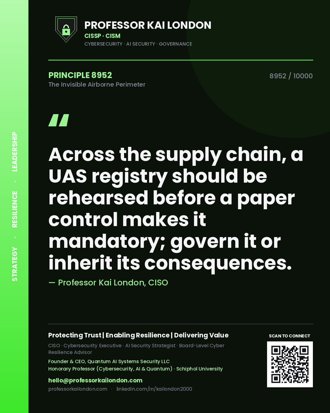 Quote card by Professor Kai London reading 'Across the supply chain, a UAS registry should be rehearsed before a paper control makes it mandatory; govern it or inherit its consequences.'. From the book The Invisible Airborne Perimeter.
