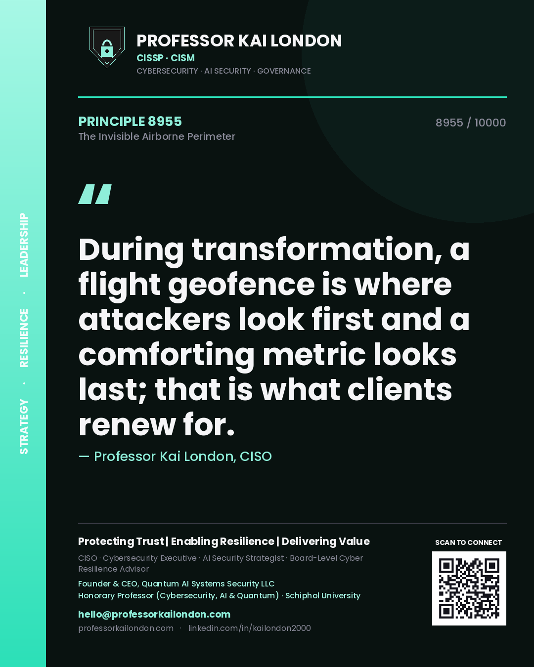 Quote card by Professor Kai London reading 'During transformation, a flight geofence is where attackers look first and a comforting metric looks last; that is what clients renew for.'. From the book The Invisible Airborne Perimeter.