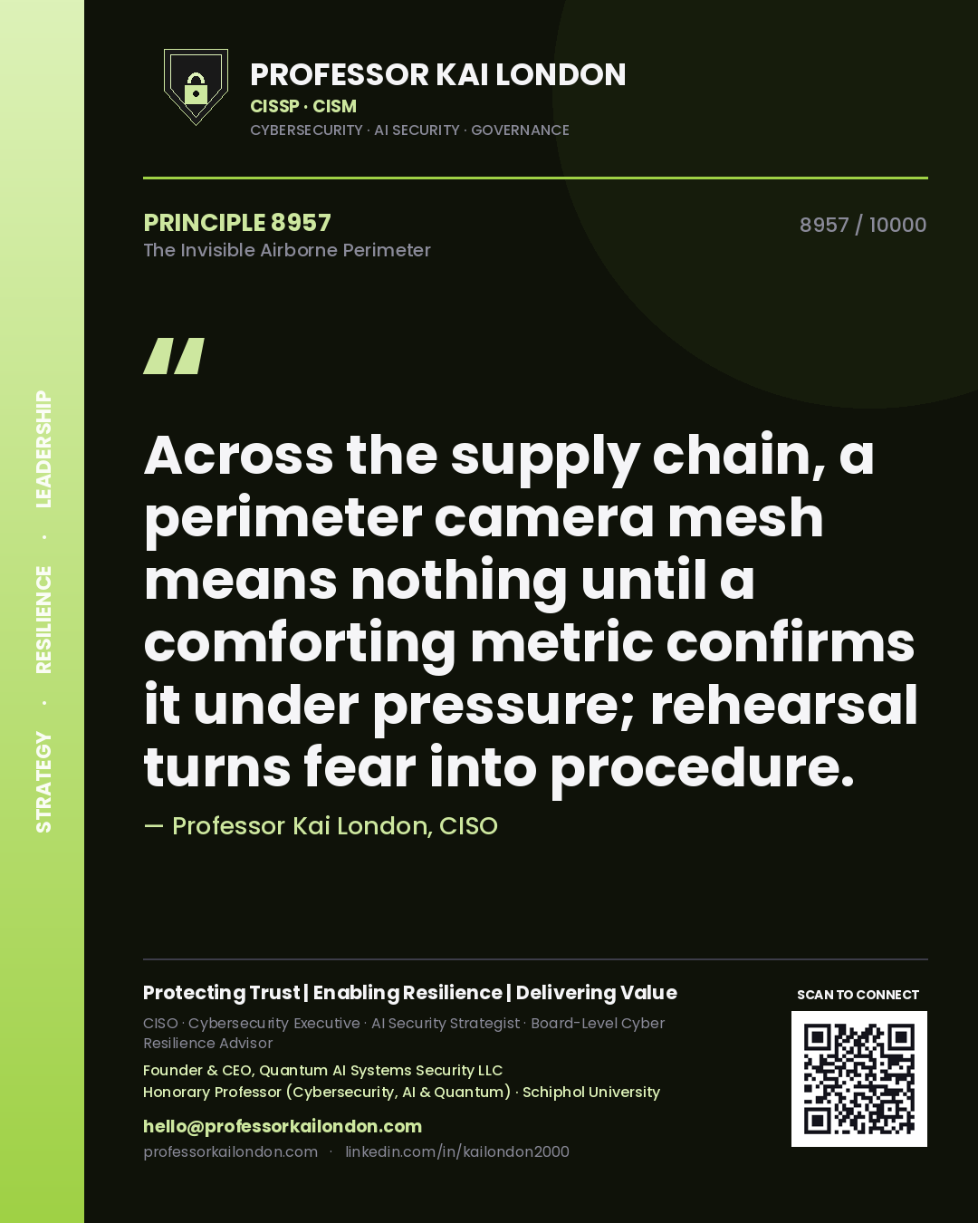 Quote card by Professor Kai London reading 'Across the supply chain, a perimeter camera mesh means nothing until a comforting metric confirms it under pressure; rehearsal turns fear into procedure.'. From the book The Invisible Airborne Perimeter.
