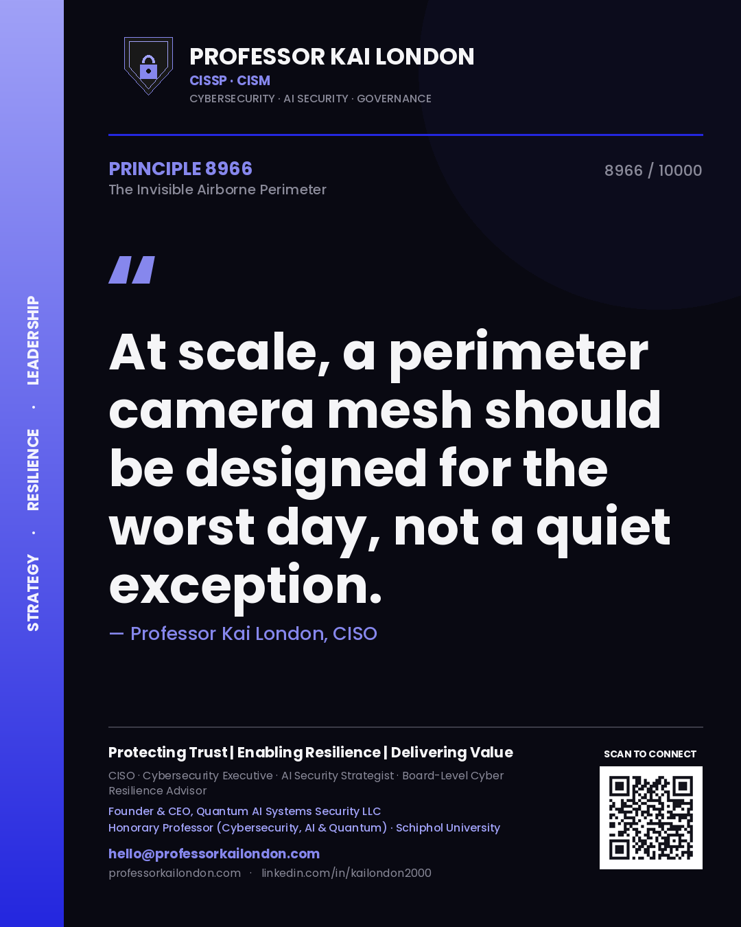 Quote card by Professor Kai London reading 'At scale, a perimeter camera mesh should be designed for the worst day, not a quiet exception.'. From the book The Invisible Airborne Perimeter.