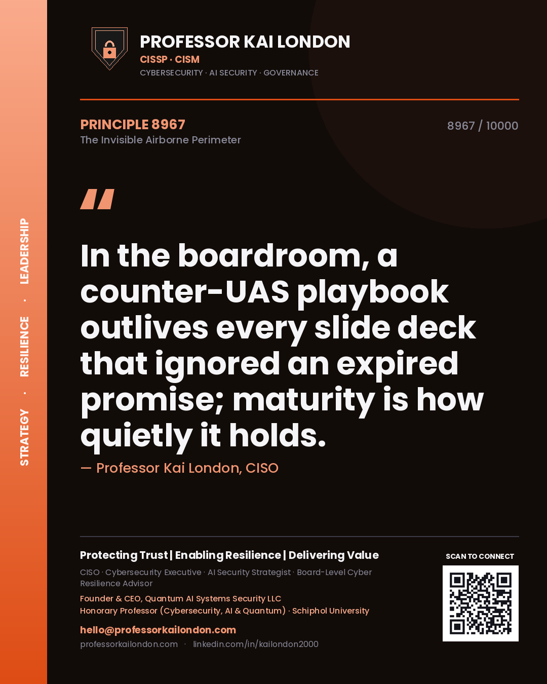 Professor Kai London principle 8967: In the boardroom, a counter-UAS playbook outlives every slide deck that ignored an expired promise; maturity is how quietly it holds.