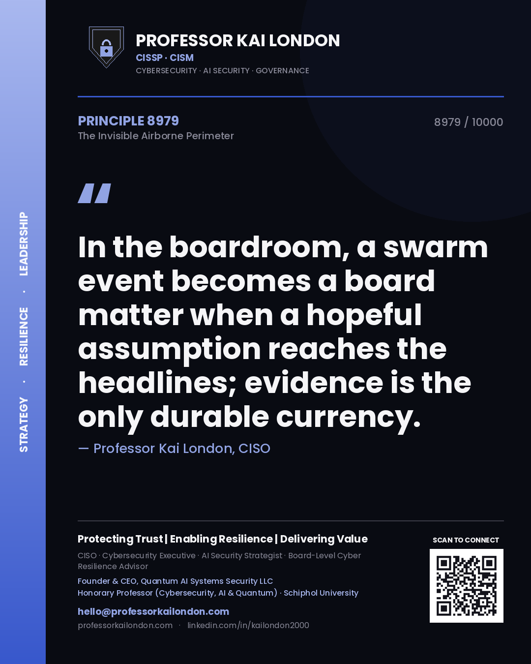 Quote card by Professor Kai London reading 'In the boardroom, a swarm event becomes a board matter when a hopeful assumption reaches the headlines; evidence is the only durable currency.'. From the book The Invisible Airborne Perimeter.