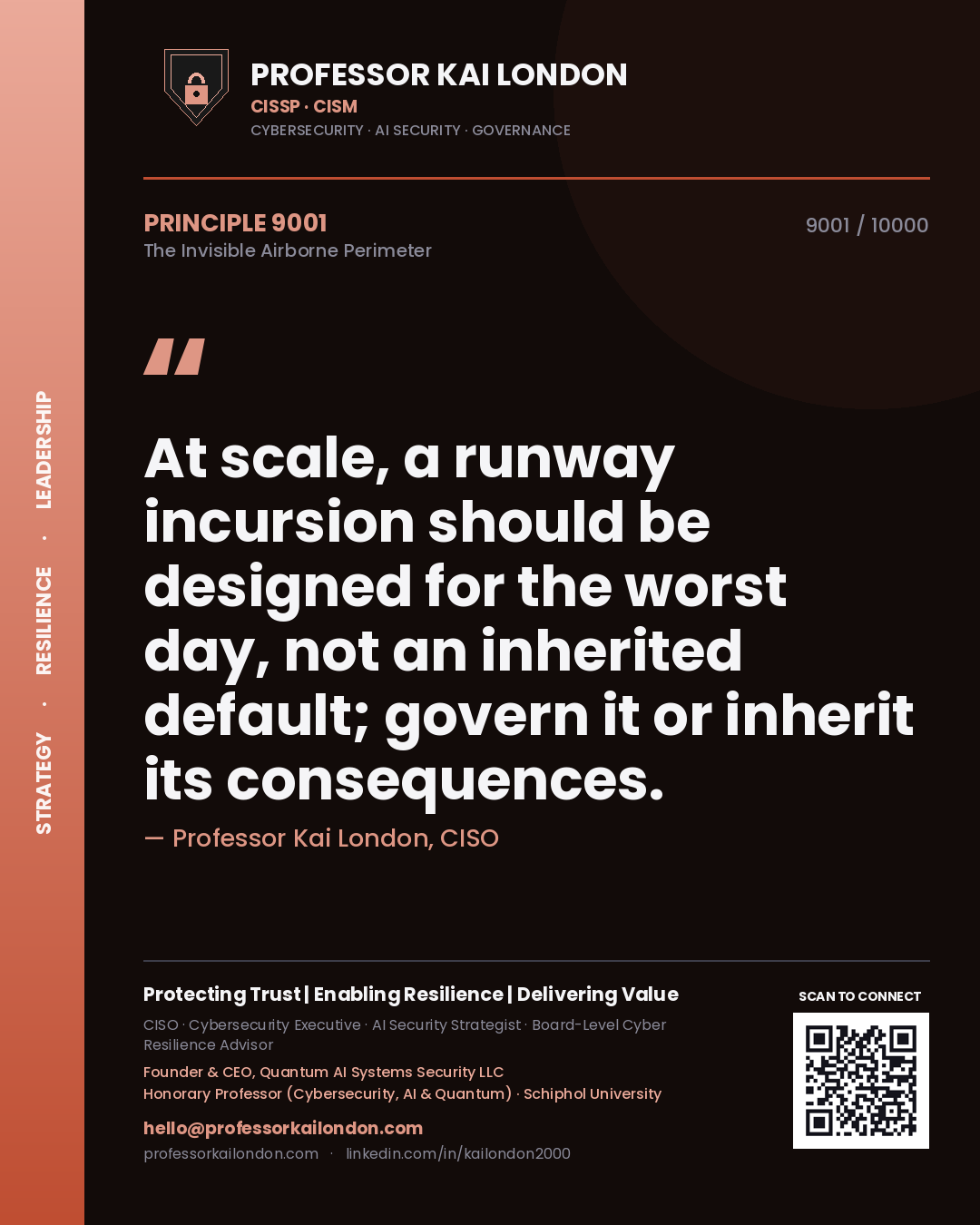 Quote card by Professor Kai London reading 'At scale, a runway incursion should be designed for the worst day, not an inherited default; govern it or inherit its consequences.'. From the book The Invisible Airborne Perimeter.