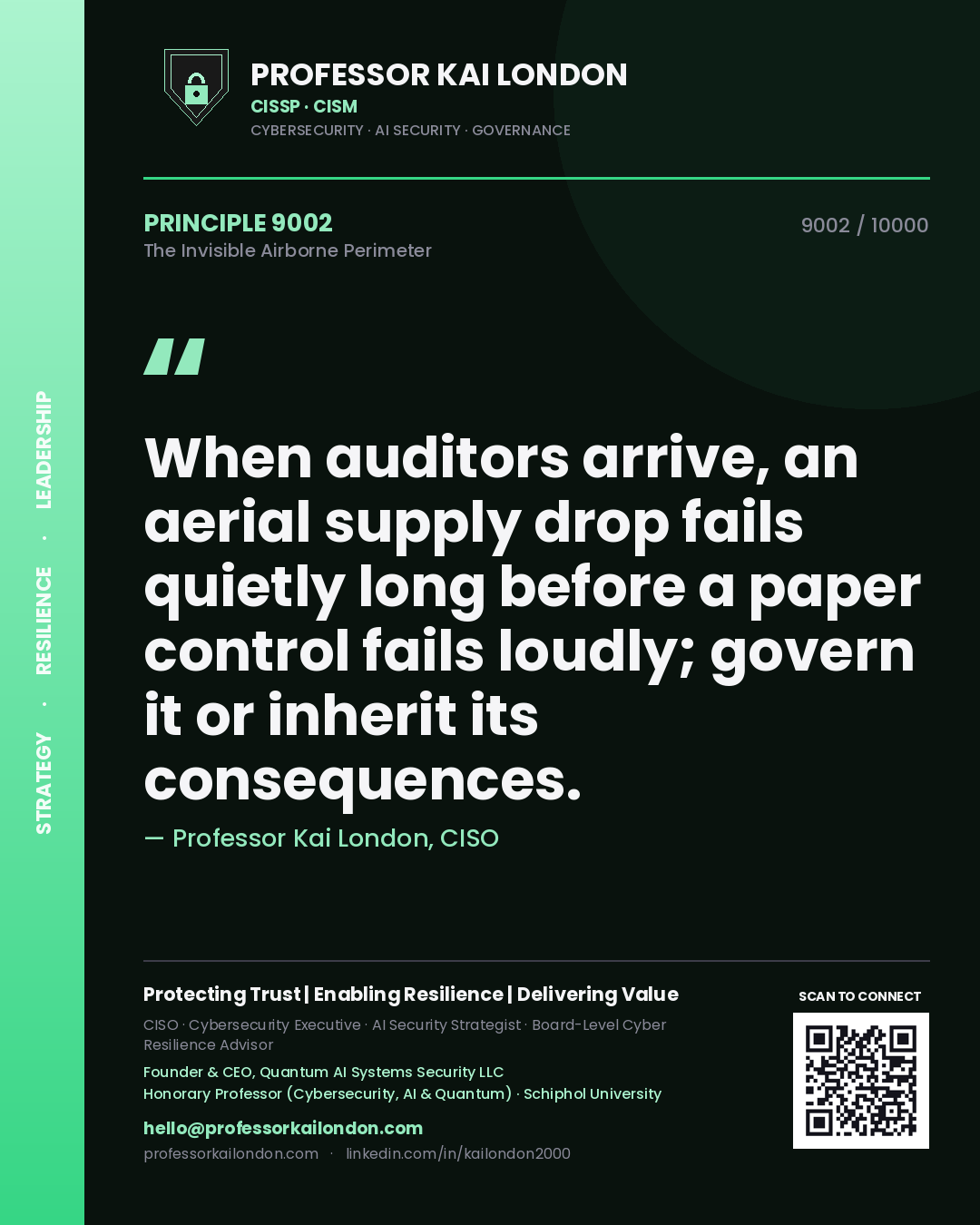 Quote card by Professor Kai London reading 'When auditors arrive, an aerial supply drop fails quietly long before a paper control fails loudly; govern it or inherit its consequences.'. From the book The Invisible Airborne Perimeter.