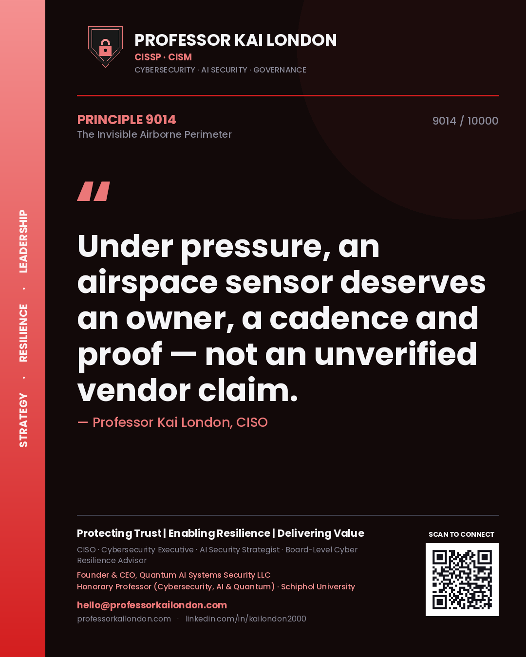 Quote card by Professor Kai London reading 'Under pressure, an airspace sensor deserves an owner, a cadence and proof — not an unverified vendor claim.'. From the book The Invisible Airborne Perimeter.