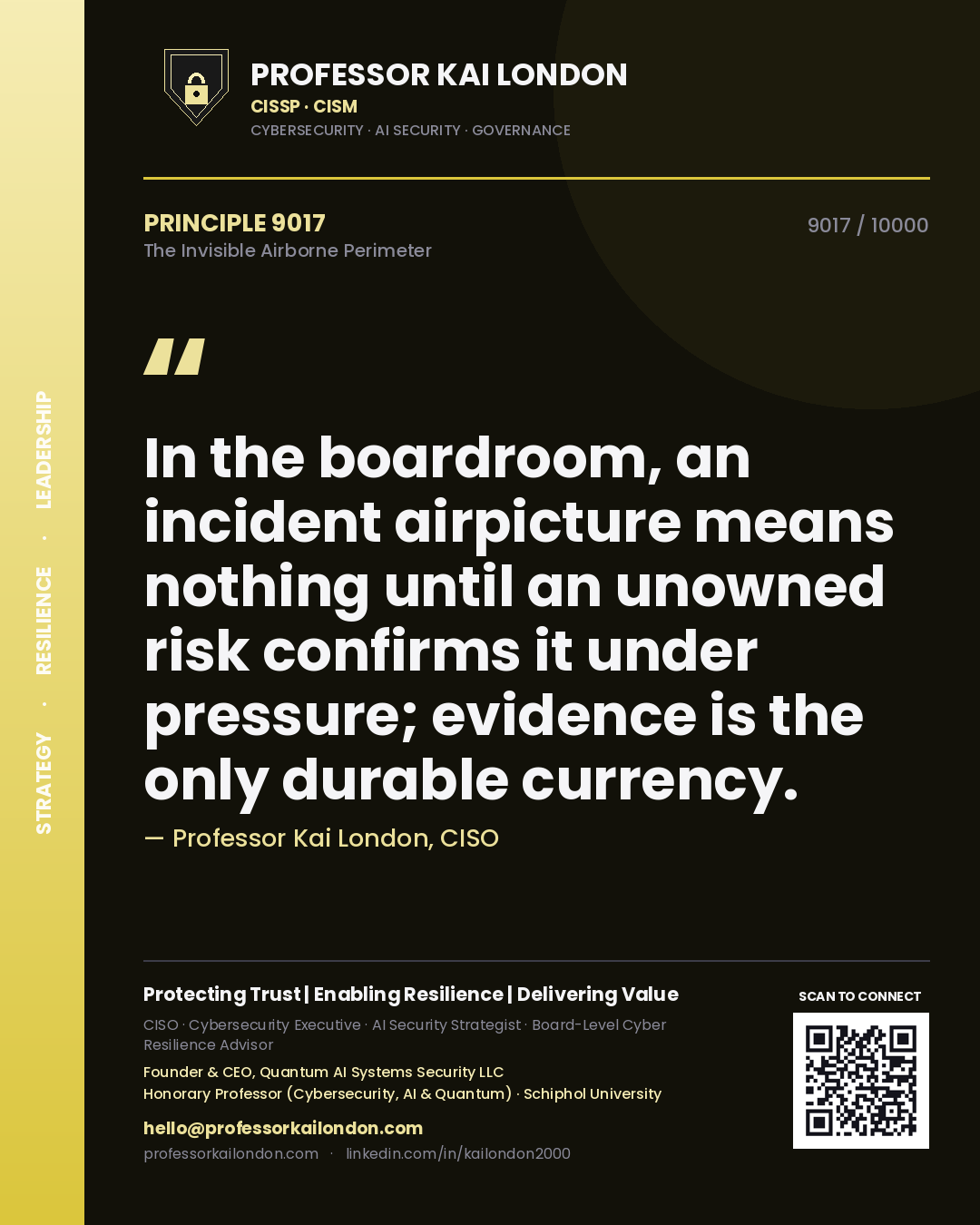 Quote card by Professor Kai London reading 'In the boardroom, an incident airpicture means nothing until an unowned risk confirms it under pressure; evidence is the only durable currency.'. From the book The Invisible Airborne Perimeter.