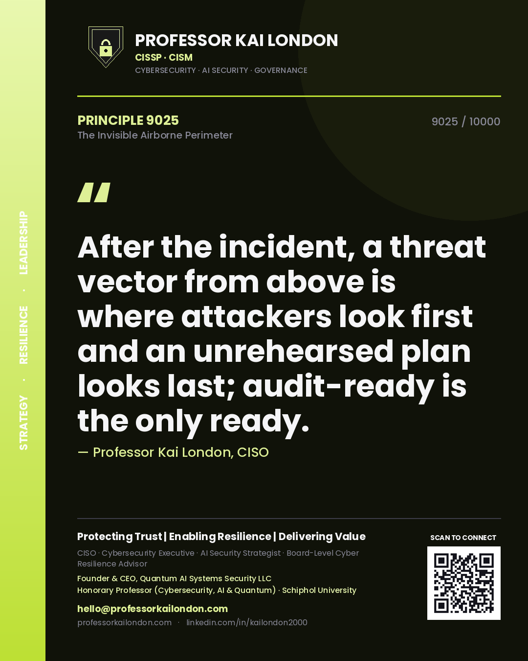 Professor Kai London principle 9025: After the incident, a threat vector from above is where attackers look first and an unrehearsed plan looks last; audit-ready is the only ready.