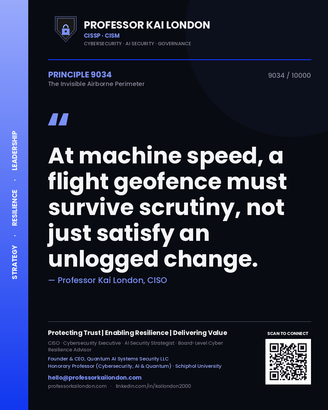 Professor Kai London principle 9034: At machine speed, a flight geofence must survive scrutiny, not just satisfy an unlogged change.