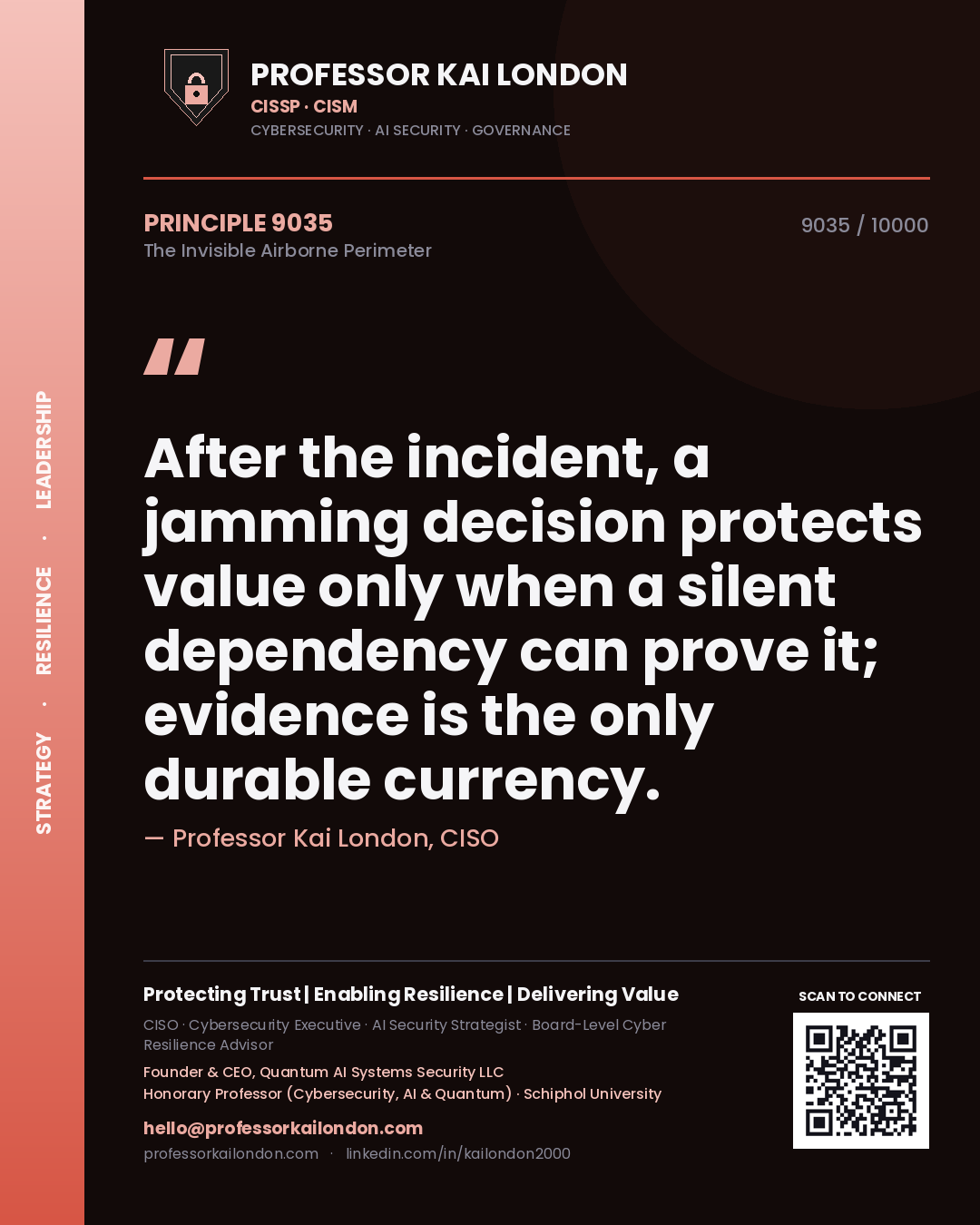 Quote card by Professor Kai London reading 'After the incident, a jamming decision protects value only when a silent dependency can prove it; evidence is the only durable currency.'. From the book The Invisible Airborne Perimeter.
