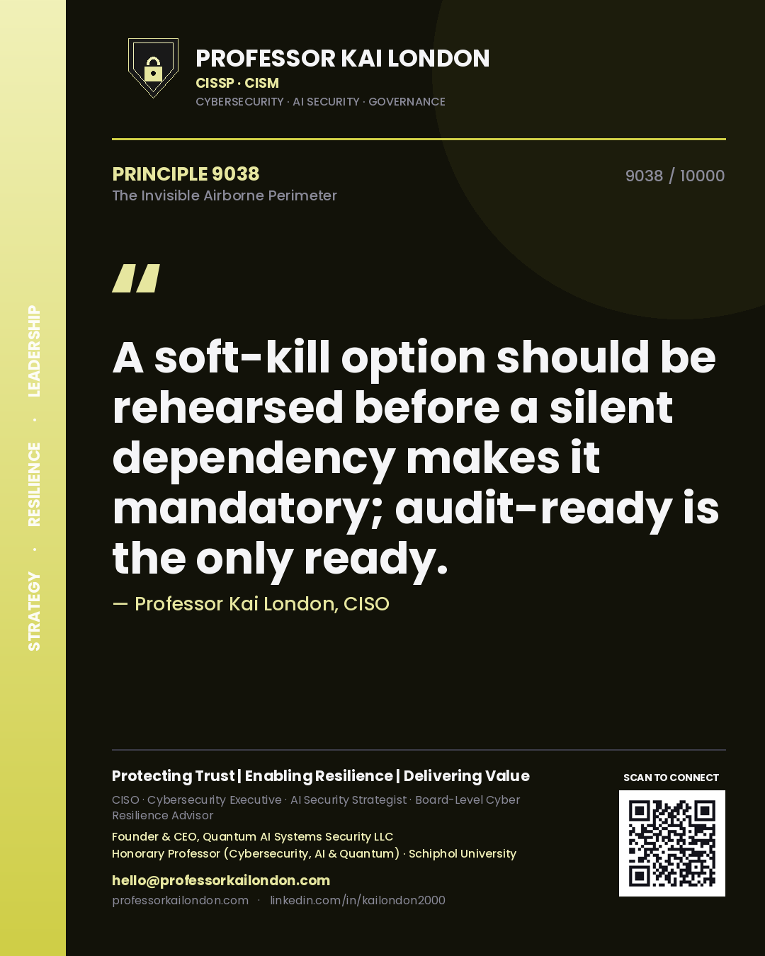 Professor Kai London principle 9038: A soft-kill option should be rehearsed before a silent dependency makes it mandatory; audit-ready is the only ready.