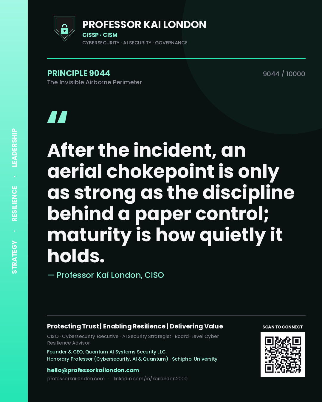 Quote card by Professor Kai London reading 'After the incident, an aerial chokepoint is only as strong as the discipline behind a paper control; maturity is how quietly it holds.'. From the book The Invisible Airborne Perimeter.