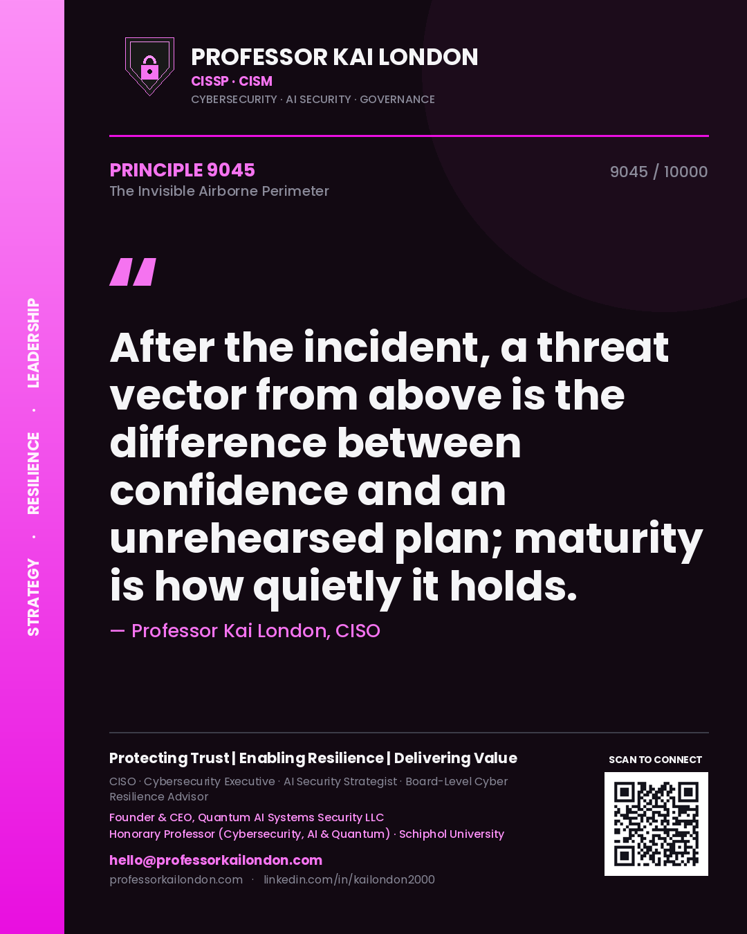 Quote card by Professor Kai London reading 'After the incident, a threat vector from above is the difference between confidence and an unrehearsed plan; maturity is how quietly it holds.'. From the book The Invisible Airborne Perimeter.